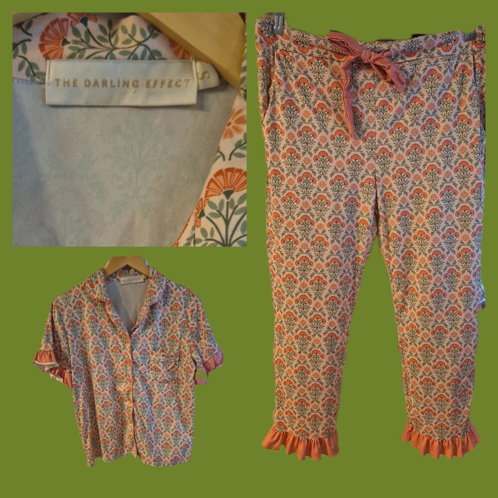 The Darling Effect Womens Pajama Set Small Flower Print Long Sleeve Ruffle Pants